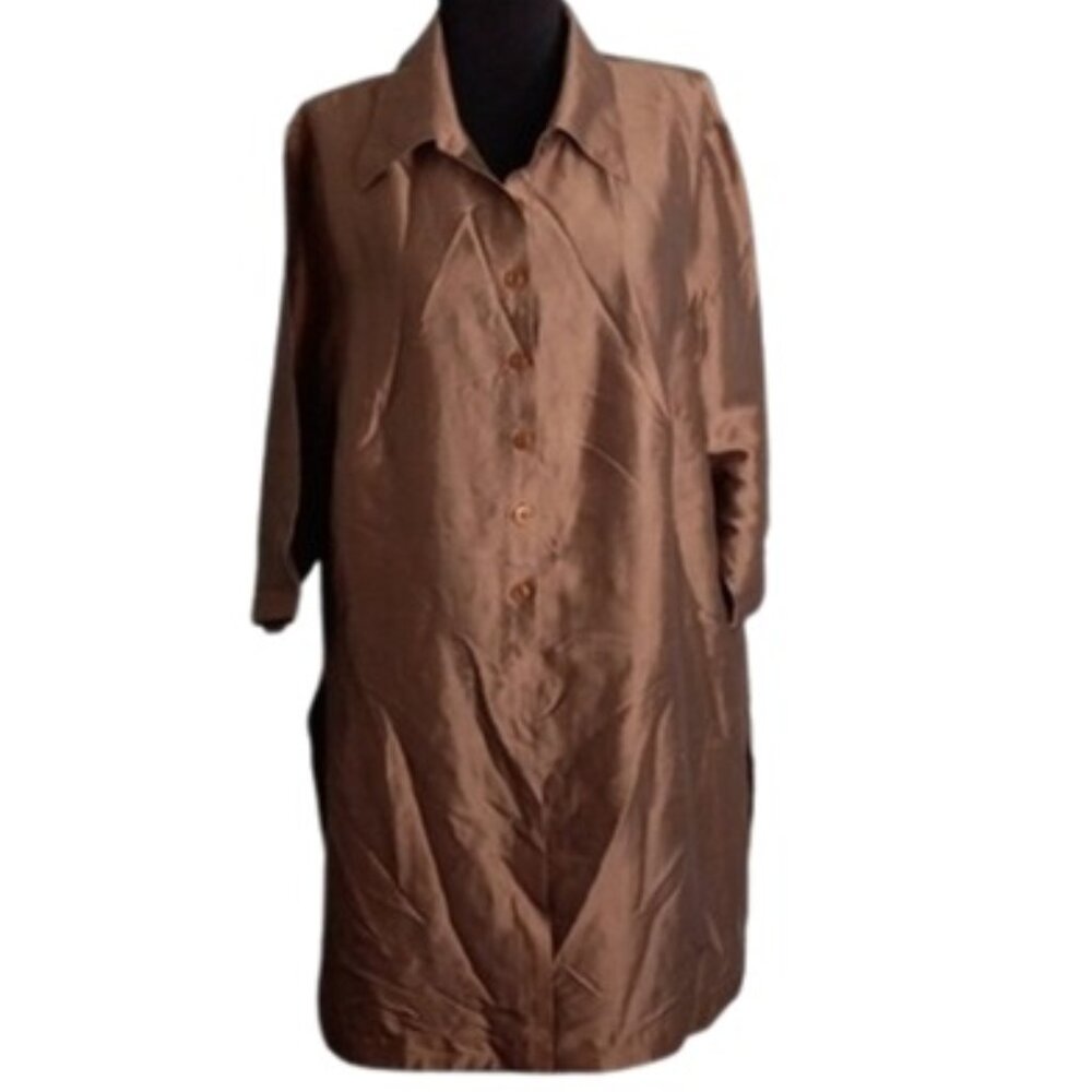 Venezia 14 16 Duster Topper Brown Shirt Jacket Short Sleeves Sheer Silk Blend